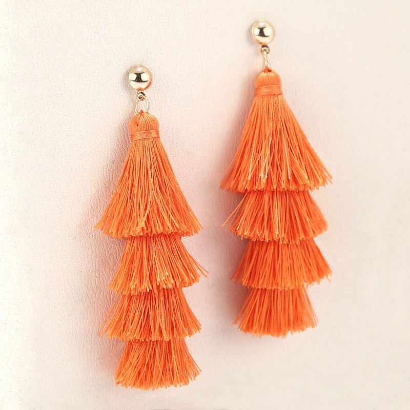 BaubleStar Fashion Tassel Dangle Earrings for Women Layered Long Bonita Tiered Russet Orange Thread Tassel Drop Statement Jewelry - Image 5